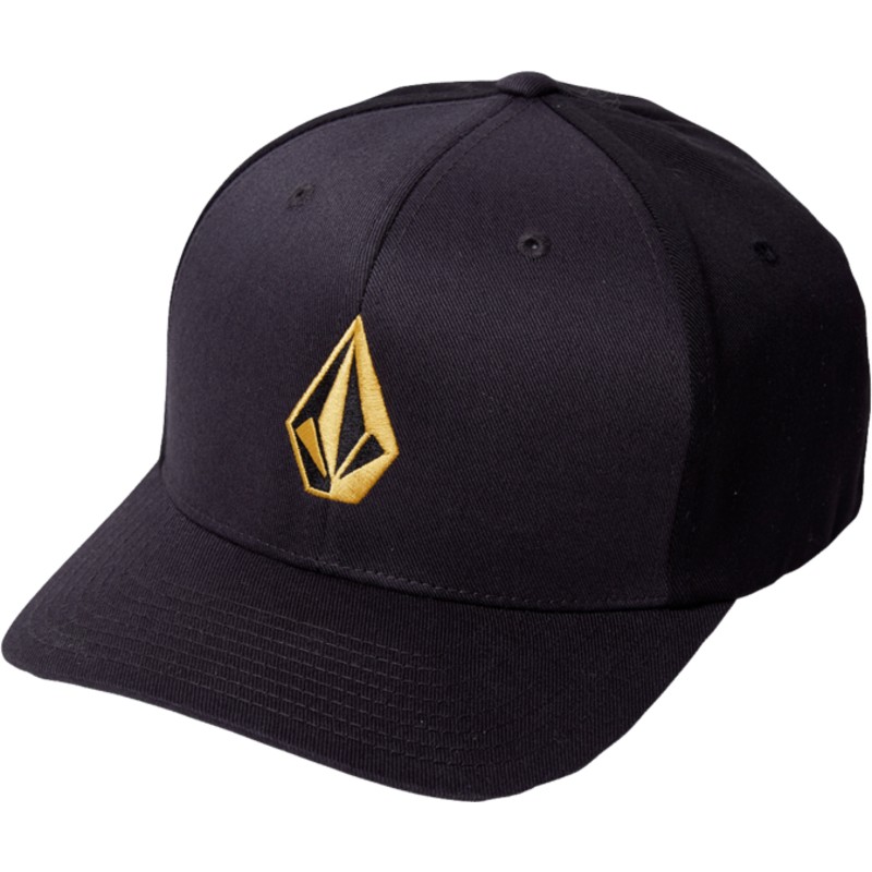 cappellino-visiera-curva-nero-aderente-con-logo-dorato-full-stone-xfit-dirt-gold-di-volcom